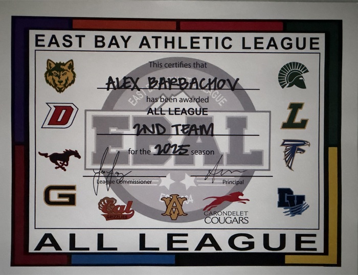 2025 East Bay Athletic League All-League Second Team certificate awarded to Alex Barbachov