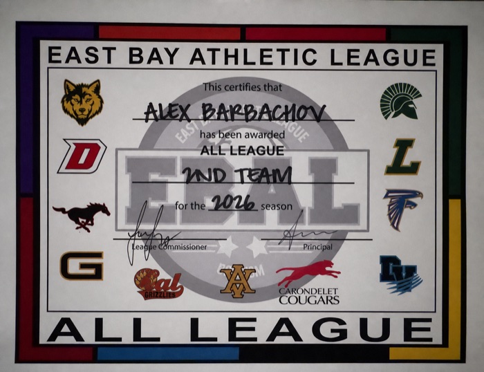 2026 East Bay Athletic League All-League Second Team certificate awarded to Alex Barbachov